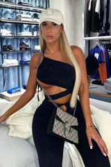 Black Slinky One Shoulder Cut Out Crop Top - Aaliyah