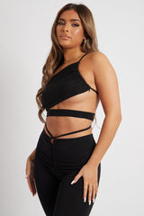 Black Slinky One Shoulder Cut Out Crop Top - Aaliyah-Crop Tops