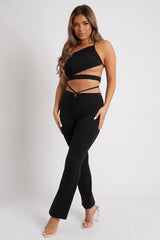 Black Slinky One Shoulder Cut Out Crop Top - Aaliyah-Crop Tops
