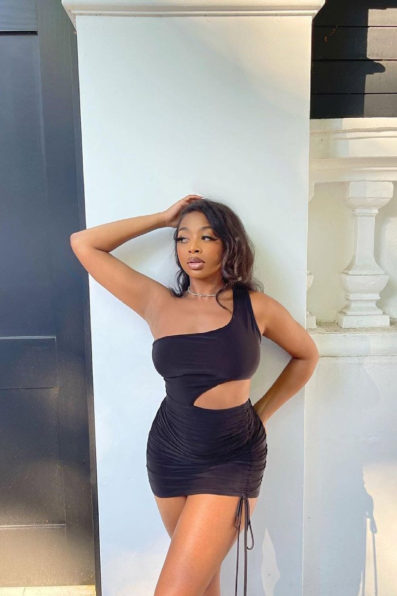 Black Slinky One Shoulder Cut Out Dress - Semira-Dresses