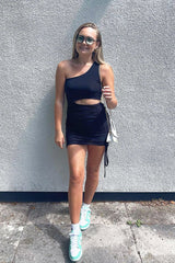 Black Slinky One Shoulder Cut Out Dress - Semira-Dresses