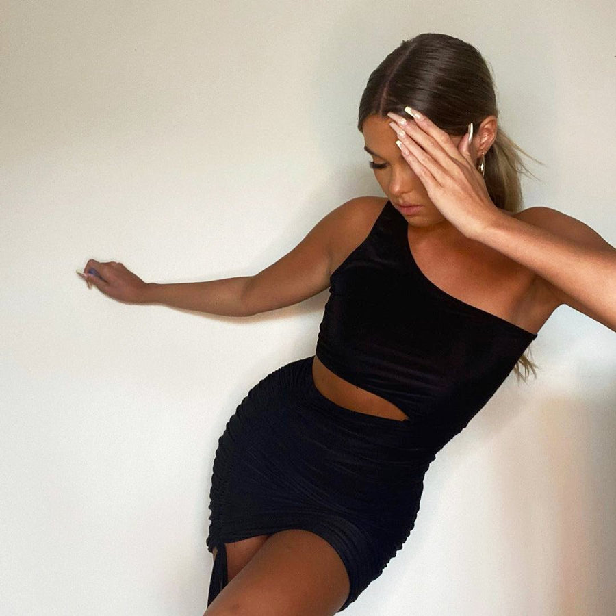 Black Slinky One Shoulder Cut Out Dress - Semira-Dresses