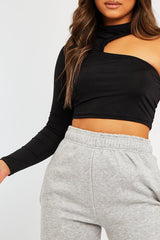Black Slinky One Sleeve Crop Top - Katara-Crop Tops