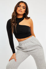 Black Slinky One Sleeve Crop Top - Katara-Crop Tops