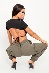 Black Slinky Open Back Crop Top - Ivona-Tops