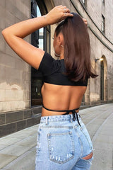 Black Slinky Open Back Crop Top - Ivona-Tops