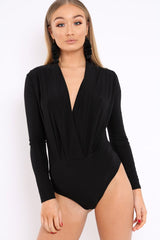 Black Slinky Plunge Front Bodysuit - Connie-Bodysuits