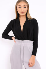 Black Slinky Plunge Front Bodysuit - Connie-Bodysuits