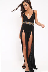 Black Slinky Plunge Front split leg Jumpsuit - Rutha-Jumpsuits