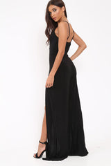 Black Slinky Plunge Front split leg Jumpsuit - Rutha-Jumpsuits