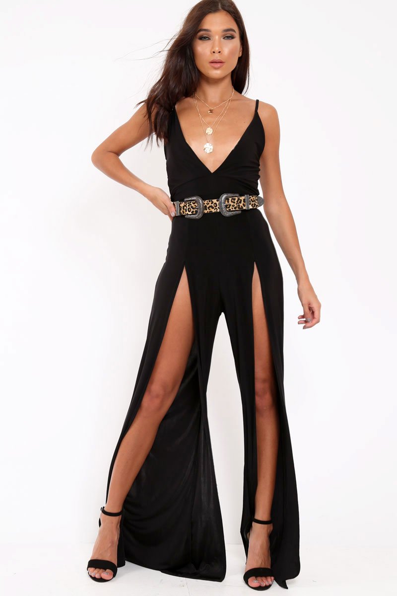 Black Slinky Plunge Front split leg Jumpsuit - Rutha-Jumpsuits
