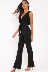 Black Slinky Plunge Wide Leg Jumpsuit - Fergie-Jumpsuits