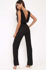 Black Slinky Plunge Wide Leg Jumpsuit - Fergie-Jumpsuits