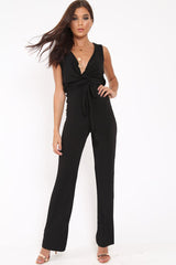 Black Slinky Plunge Wide Leg Jumpsuit - Fergie-Jumpsuits