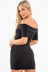 Black Slinky Ruched Bardot Mini Dress - Sicily-Dresses
