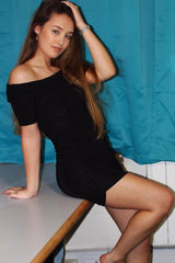 Black Slinky Ruched Bardot Mini Dress - Sicily-Dresses