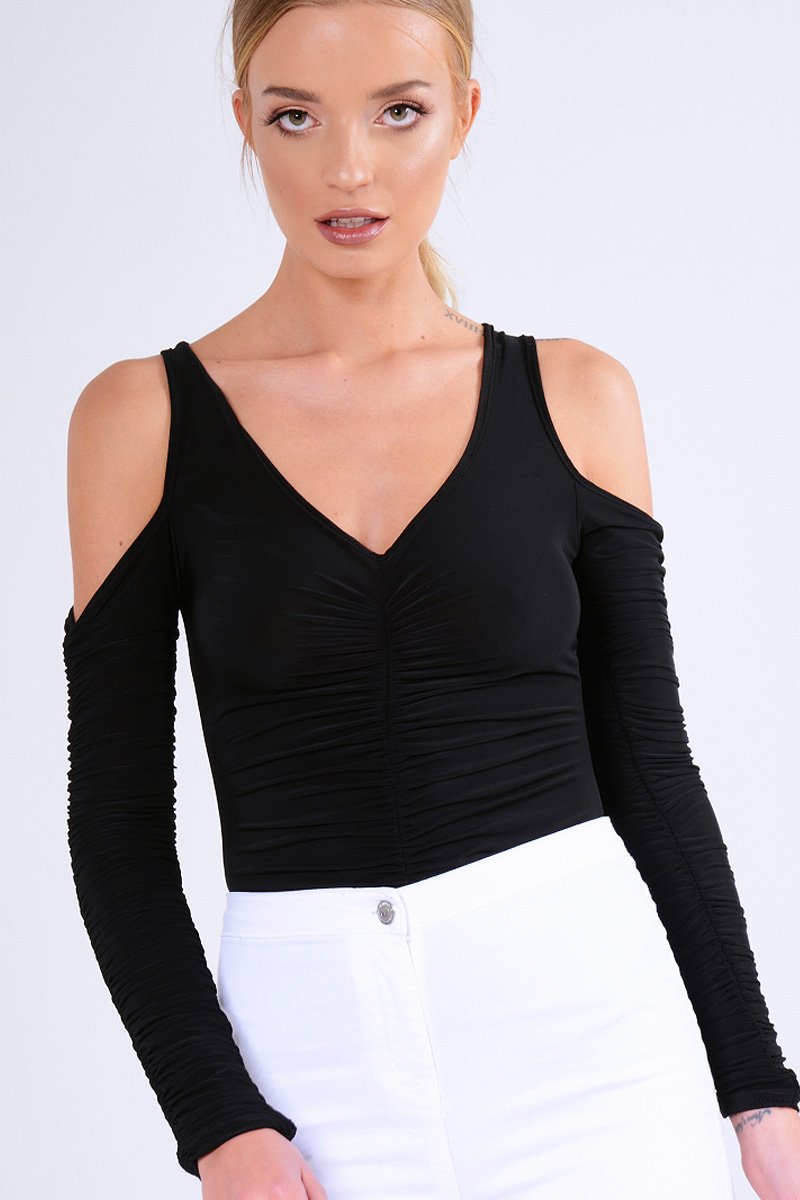 Black Slinky Ruched Cold Shoulder Bodysuit - Jayden-Bodysuits