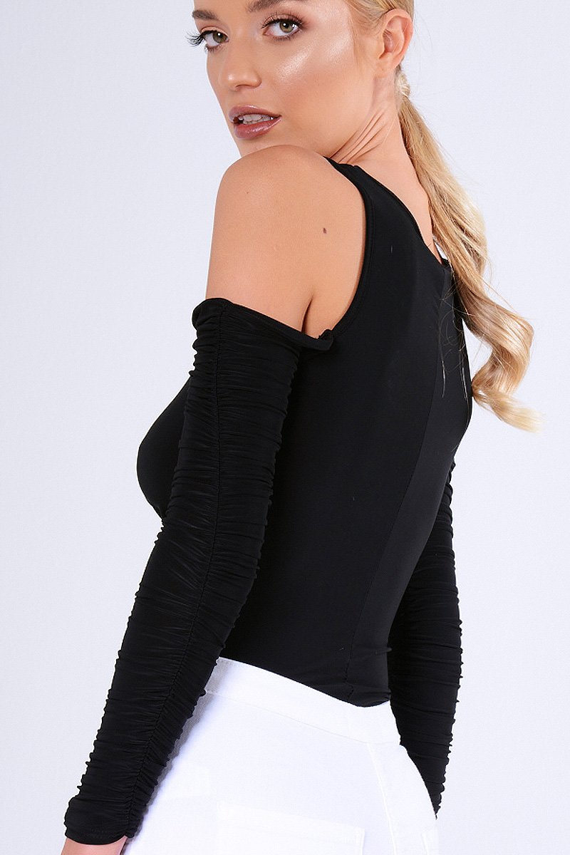 Black Slinky Ruched Cold Shoulder Bodysuit - Jayden-Bodysuits
