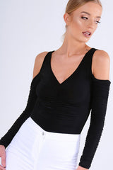 Black Slinky Ruched Cold Shoulder Bodysuit - Jayden-Bodysuits
