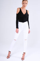 Black Slinky Ruched Cold Shoulder Bodysuit - Jayden-Bodysuits