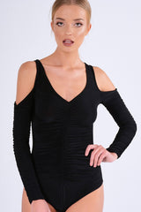 Black Slinky Ruched Cold Shoulder Bodysuit - Jayden-Bodysuits