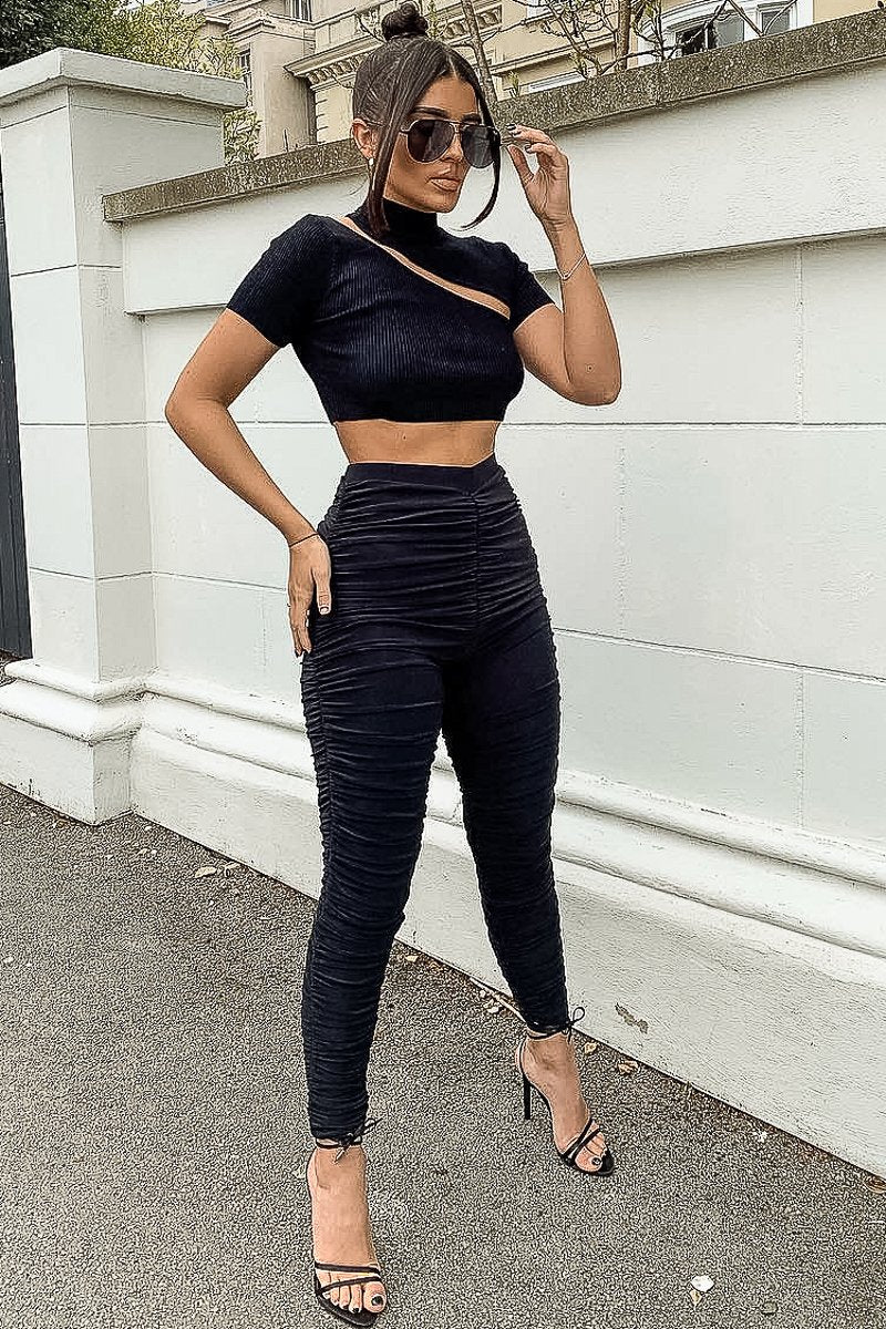 Black Slinky Ruched High Waist Leggings - Dakota-Leggings