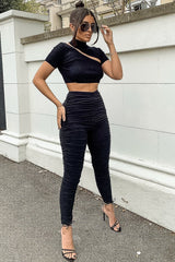 Black Slinky Ruched High Waist Leggings - Dakota-Leggings