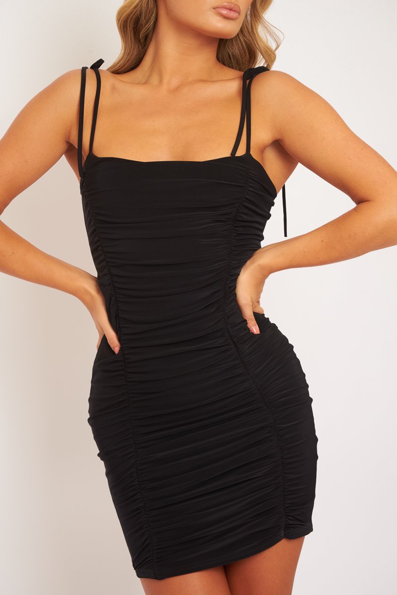 Black Slinky Ruched Tie Strap Bodycon Dress - Caressa-Dresses