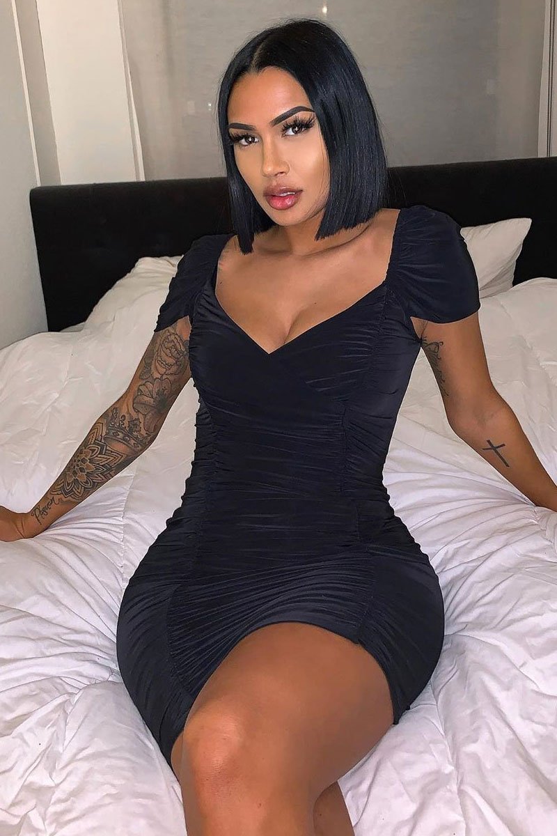 Black Slinky Ruched Wrap Neckline Bodycon Dress - Helsa-Dresses
