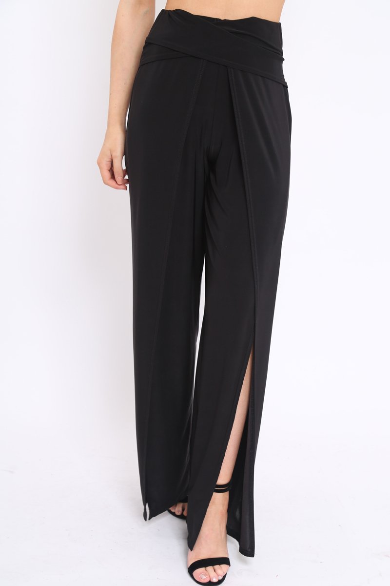 Black Slinky Split Front Trousers - Karly-Trousers