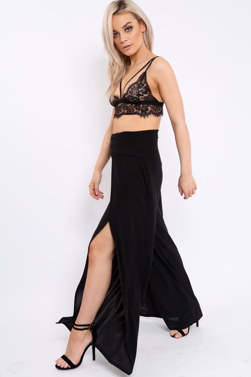 Black Slinky Split Front Trousers - Karly-Trousers