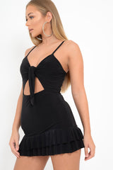 Black Slinky Tie Front Ruffle Dress - Keli-Dresses