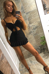 Black Slinky Tie Front Ruffle Dress - Keli-Dresses