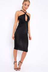 Black Slinky Twist Front Bodycon Midi Dress - Lisa-Dresses
