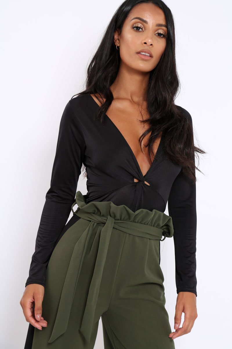Black Slinky Twist Front Bodysuit - Gretchen-Bodysuits