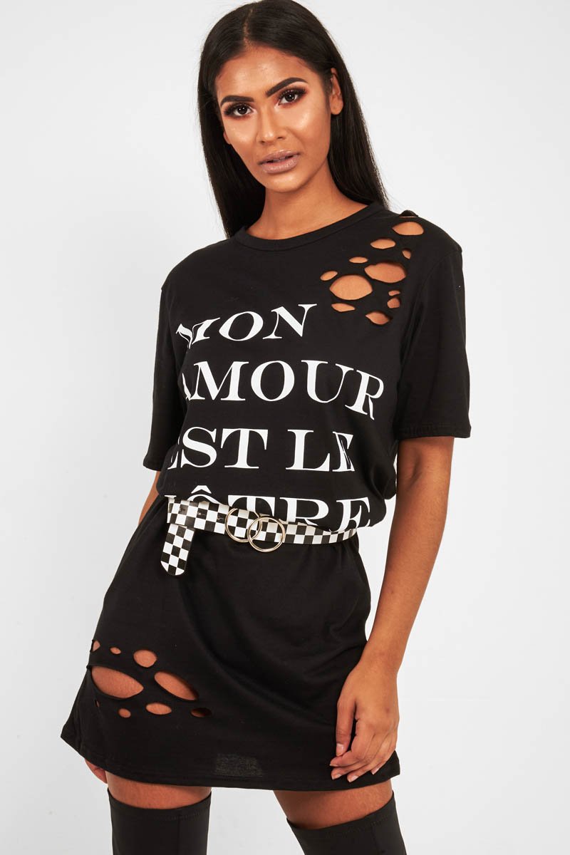 Black Slogan Distressed T-Shirt Dress - Ashlen-Dresses