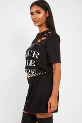 Black Slogan Distressed T-Shirt Dress - Ashlen-Dresses