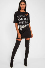 Black Slogan Distressed T-Shirt Dress - Ashlen-Dresses