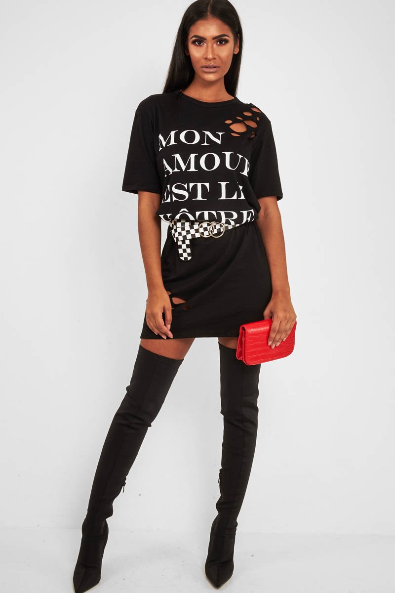 Black Slogan Distressed T-Shirt Dress - Ashlen-Dresses