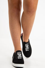 Black Slogan Front Stripe Slip On Trainers - Tamira-Trainers