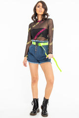 Black Slogan Mesh High Neck Long Sleeved Top - Soleil-Tops