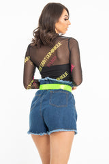 Black Slogan Mesh High Neck Long Sleeved Top - Soleil-Tops