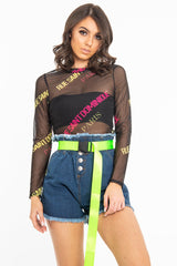 Black Slogan Mesh High Neck Long Sleeved Top - Soleil-Tops