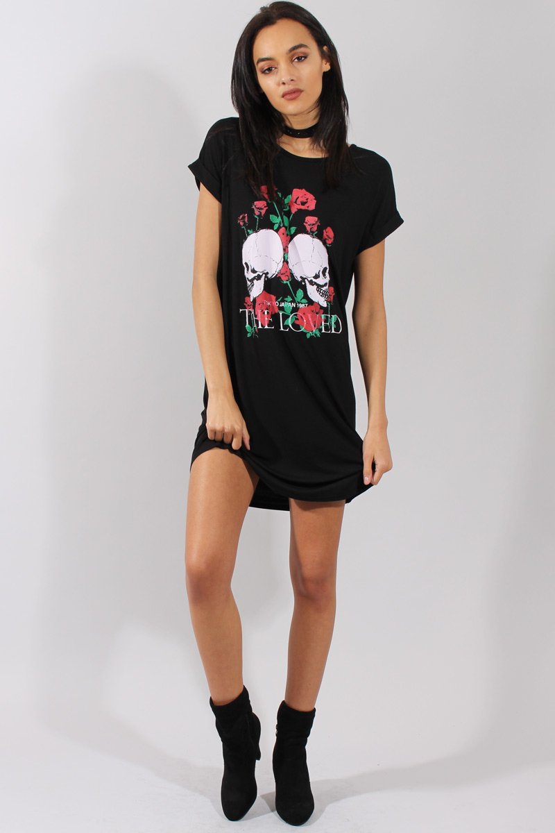Black Slogan Print Tshirt Dress - Avril-Dresses