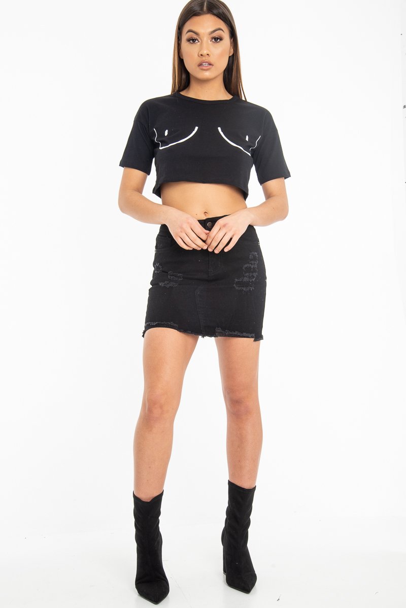 Black Slogan Printed Crop Top - Daryn-Crop Tops