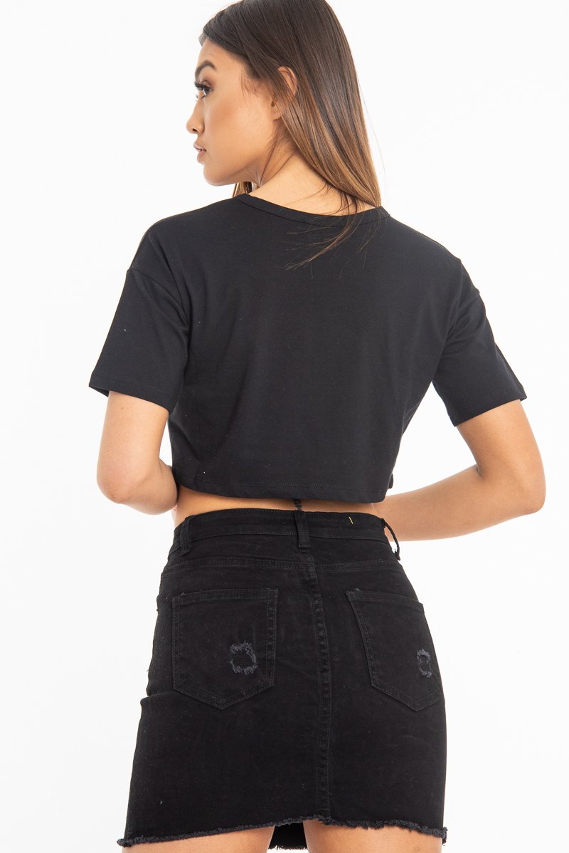 Black Slogan Printed Crop Top - Daryn-Crop Tops
