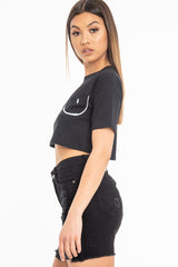 Black Slogan Printed Crop Top - Daryn-Crop Tops