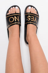 Black Slogan Sliders - Suzette-Sliders