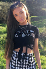 Black Slogan Tie Front Tshirt - Cicilia-Tops