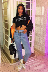 Black Slogan Tie Front Tshirt - Cicilia-Tops